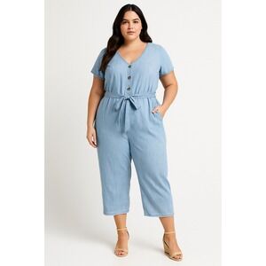 St Johns Bay Jumpsuit Womens Plus Size 2X Blue Button Up Belted Chambray Relaxed